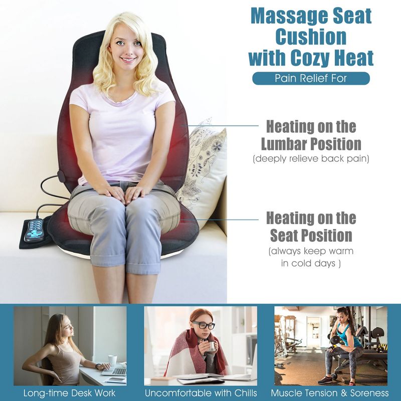 Massage Seat Cushion Back Massager w/ Heat & 6 Vibration Motors for Home, 4 of 11