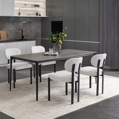 PexFix Modern Dining Room Chairs Set of 2 Mid-Century Upholstered Boucle Kitchen Dining Chairs Accent Side Chairs with Black Metal Legs Beige