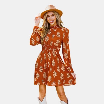 Women's Boho Burnt Orange Floral Blouson Sleeve Smocked Mini Dress - Cupshe