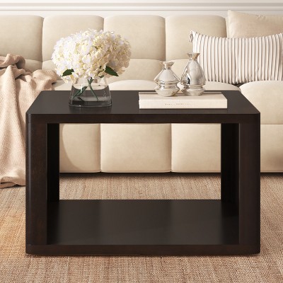 Lyngins 30.8" Square Farmhouse Coffee Table, 2-Tier Storage Center Table, Rustic Wood Finish Tea Table with Half Open Storage Compartment