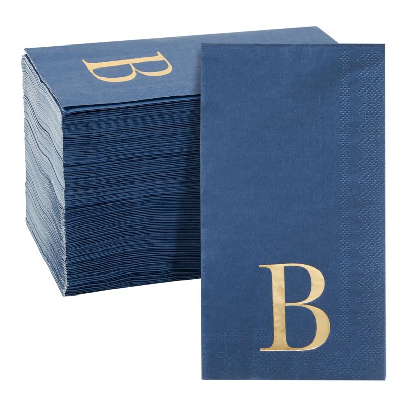 Sparkle and Bash 100 Pack Navy Blue Monogrammed Gold Foil Letter B Paper Dinner Napkins for Engagement & Wedding Party, 4x8 in, 1 of 5