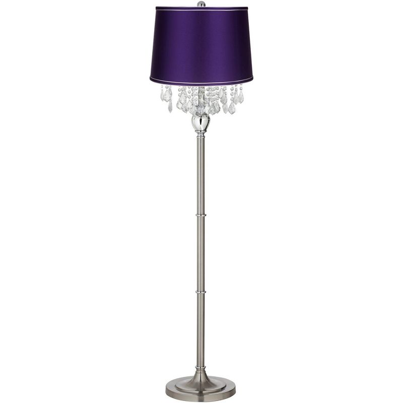 360 Lighting Modern Floor Lamp Standing 62 1/2" Tall Brushed Nickel Silver Crystals Dark Purple Satin Drum Shade for Living Room Bedroom Office House, 1 of 4