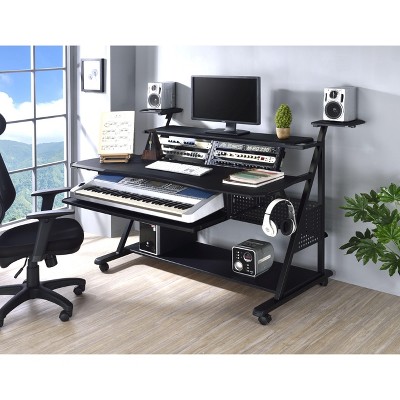 NicBex Home Office Desk 38" L Morden Music Desk with 4 Storage Shelves, Keyboard Tray, Hooks and Wooden Desktop for Study and Work