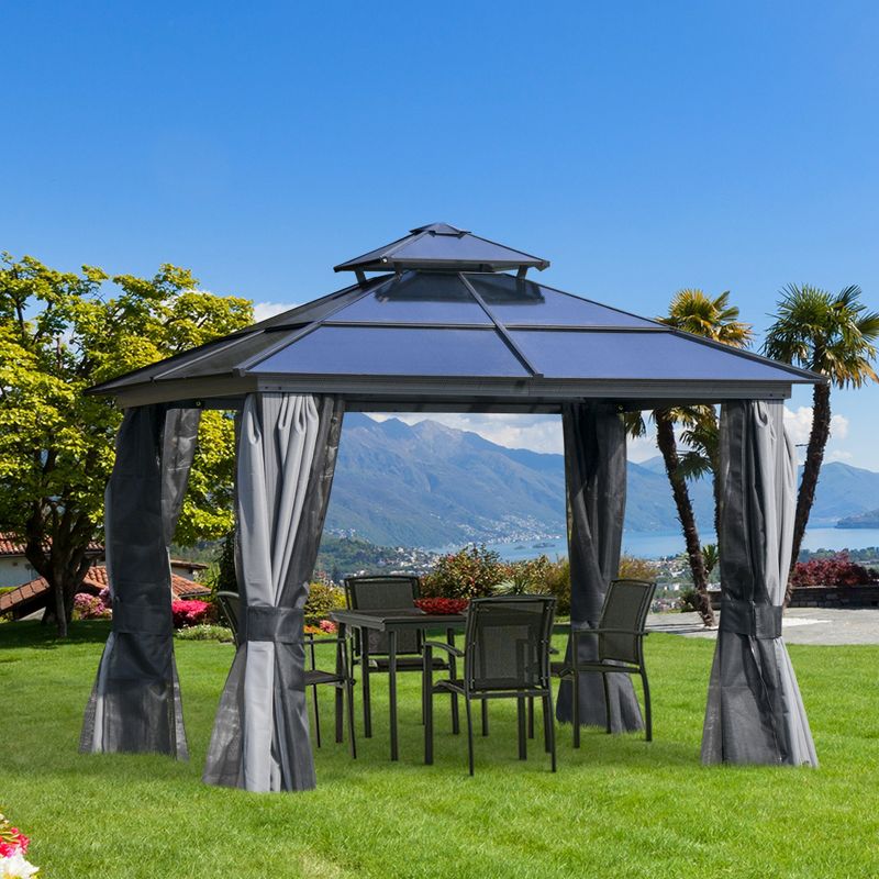 Outsunny Hardtop Gazebo Outdoor Polycarbonate Canopy Aluminum Frame Pergola with Double Vented Roof, Netting & Curtains for Garden, 2 of 9