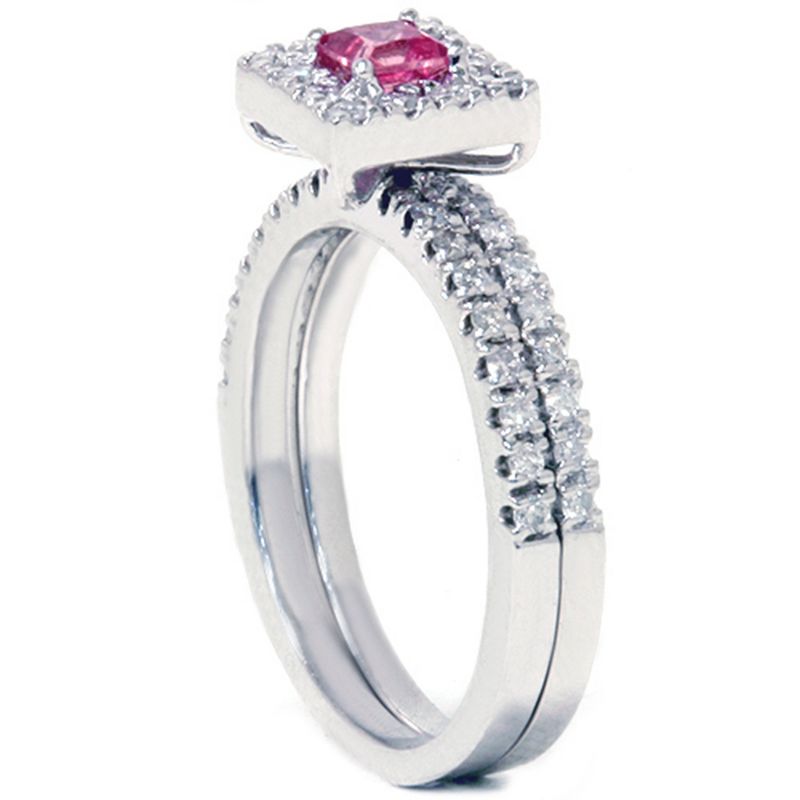 Pompeii3 5/8ct Princess Cut Pink Sapphire & Diamond Engagement Wedding Ring Set 14K White Gold, 2 of 5