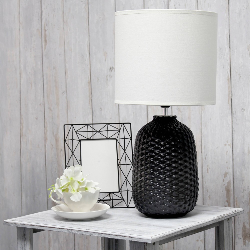 20.4" Traditional Ceramic Purled Texture Bedside Table Desk Lamp with White Fabric Drum Shade Black - Simple Designs: ETL Listed