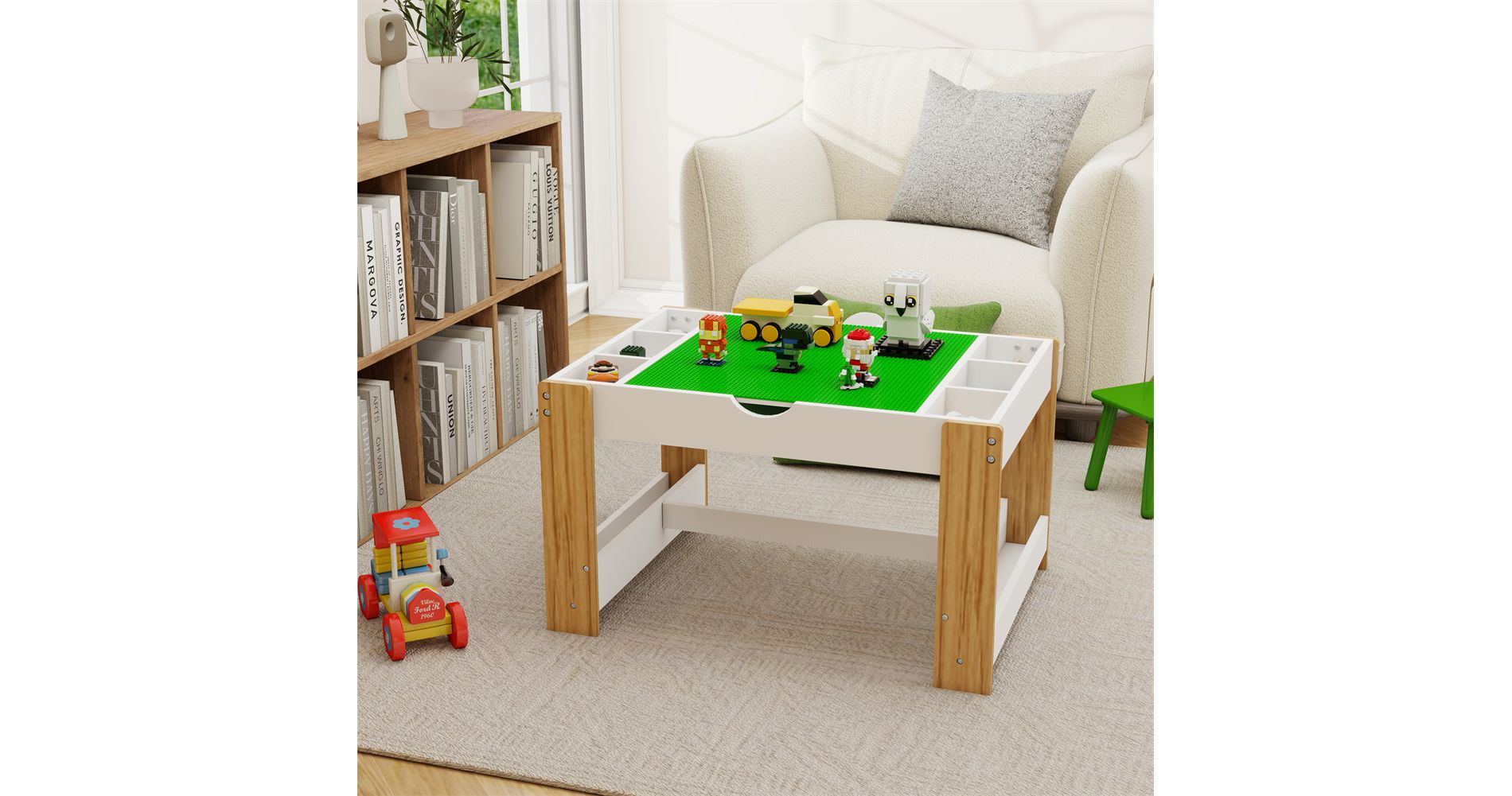 Kids 2 in 1 Play Table with 7 Storage Compartments,Compatible with LEGO Building Block,Modern Activity Learning Table Game Furniture-White