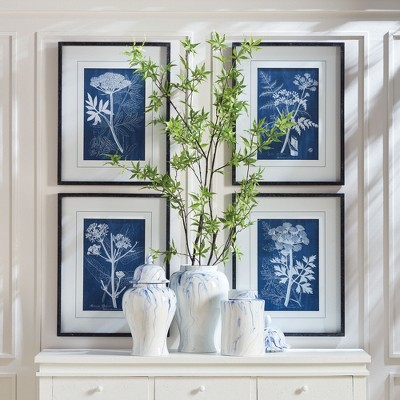 Set of 4 Blue and White Botanical Prints with Black Frames