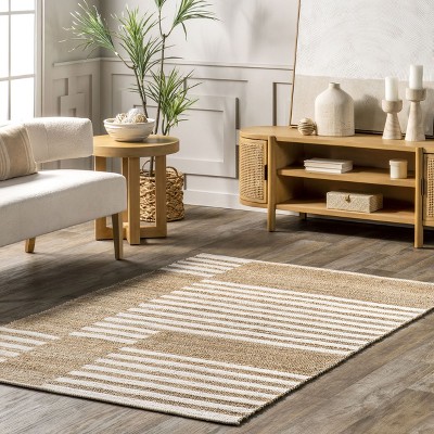 Natural Tan and White Striped Cotton Jute Rug, 4' x 6'