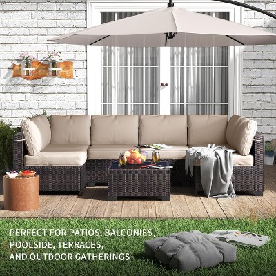 7-Piece Outdoor Rattan Patio Furniture Set with Cushions, Waterproof Sectional Sofa and Glass Top Table for Garden, Backyard