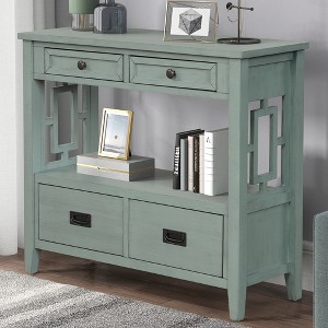 Farmhouse Pine Wood Console Table with 4 Drawers & 1 Storage Shelf for Entryway Living Room Bedroom Hallway Kitchen - 1 of 4