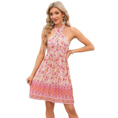 Women's Halter Neck Criss Cross Cut Out Elastic Waist Ruffle Hem Floral Print Backless Mini Dress Pink M