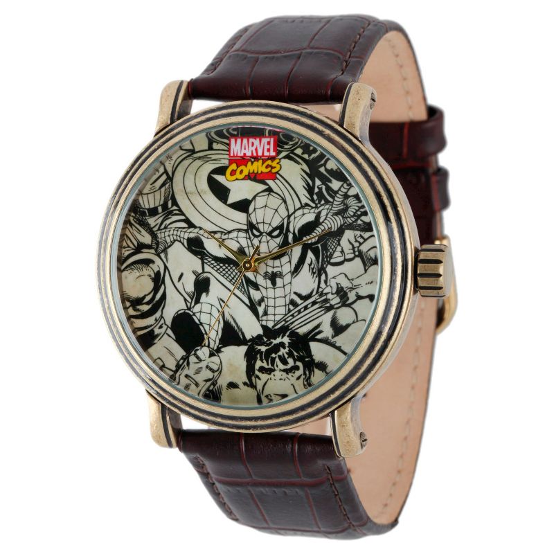 Men's Marvel Spider-Man, Iron Man, Hulk and Captain America Vintage Antique Alloy Watch - Brown, 1 of 6
