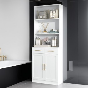 Leovsnove 70-Inch Bathroom Storage Cabinet with Three-Layer Open Shelf, Wooden Pantry with Adjustable Shelf and 2 Drawers - 1 of 4
