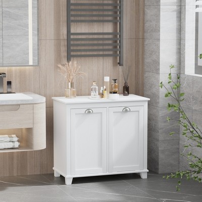White MDF Tilt-Out Laundry Sorter Cabinet with Dual Compartments