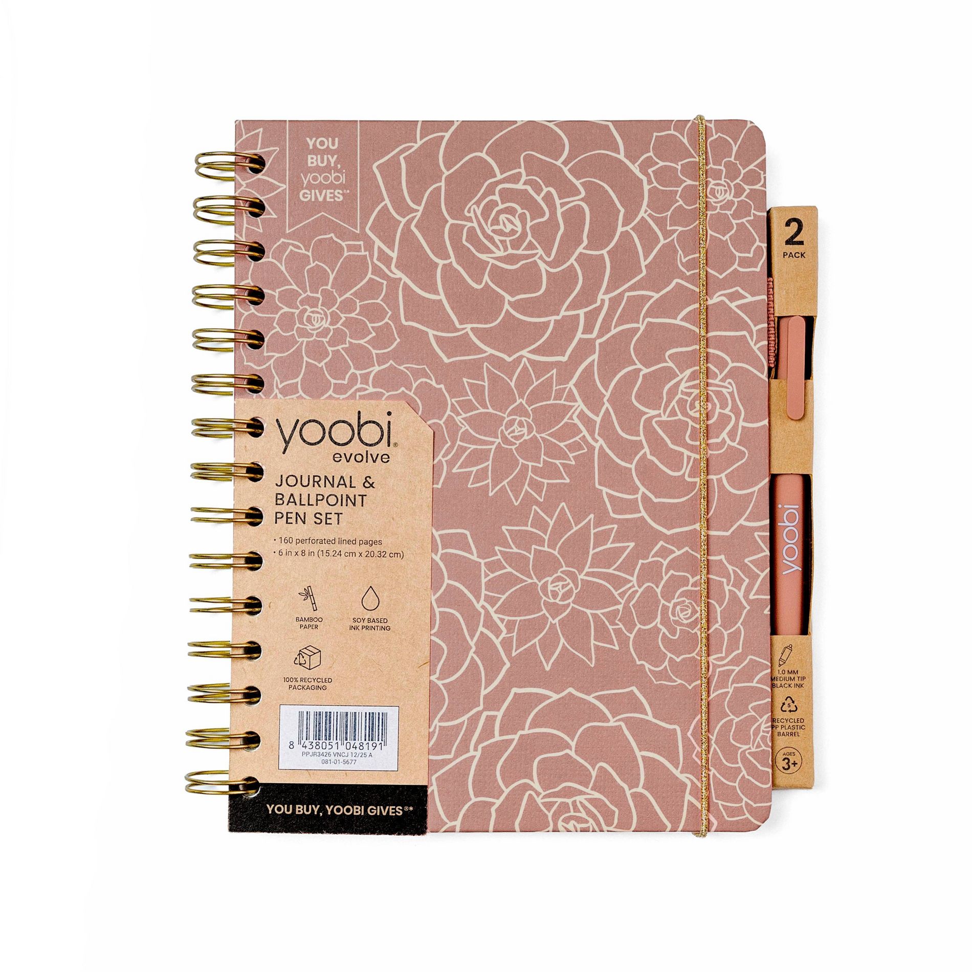 Yoobi Evolve 160pg Hardcover Spiral Journal with Pen 6"x 8"- Dusty Rose Succulents