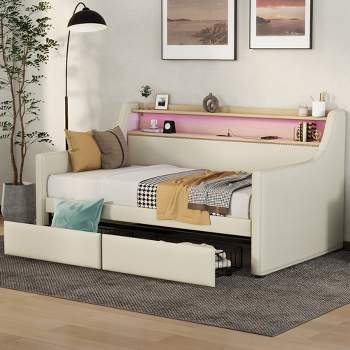 Twin Size Daybed with Storage Drawers, Upholstered Daybed with Charging Station and LED Lights - ModernLuxe