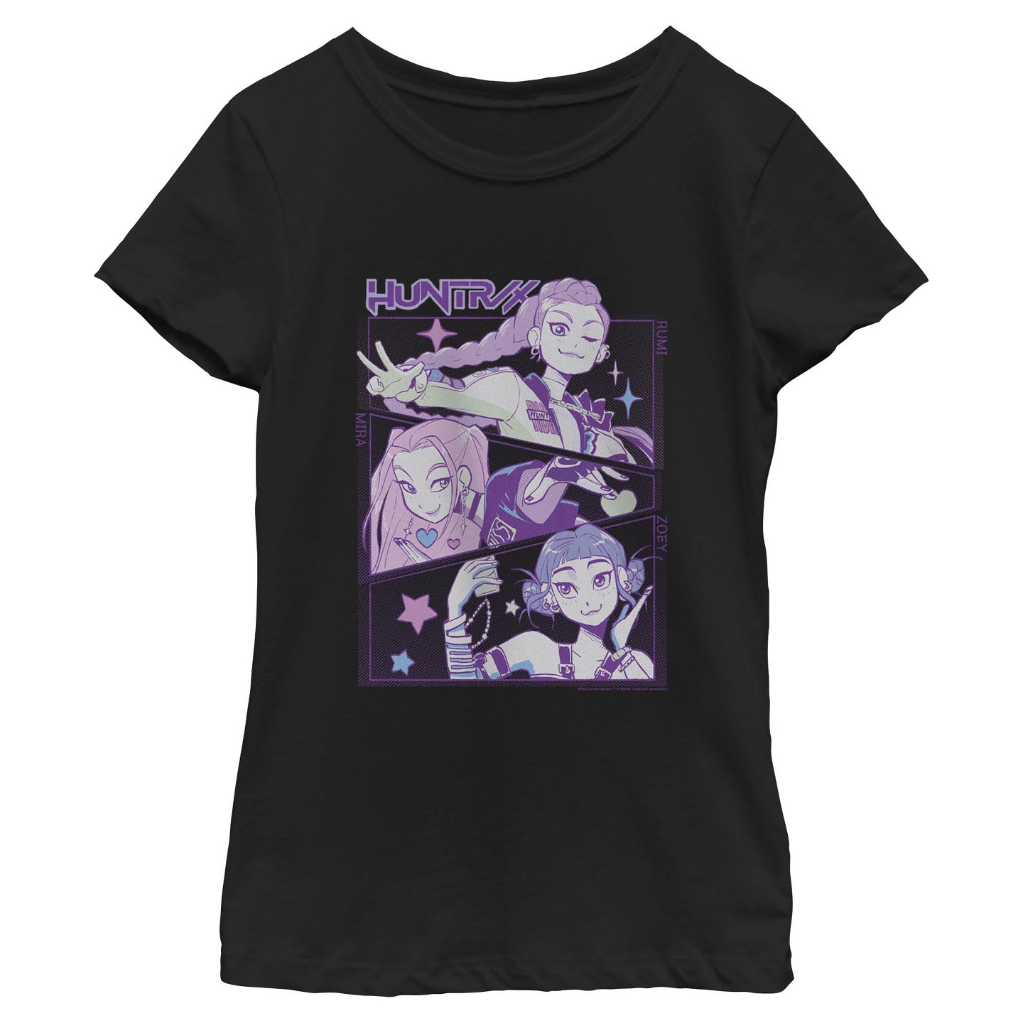Футболка KPop Demon Hunters HUNTR/X Group Comic Panels T Shirt - Black для девочек, цвет: Чёрный — фото 1