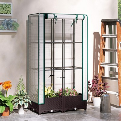 Brown Plastic Raised Garden Bed with Trellis and PE Greenhouse Cover
