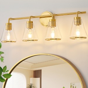 POWLIG 30.3-in 4-Light Modern Gold Dimmable Bathroom Vanity Light with Cone Clear Glass Shade - 1 of 4