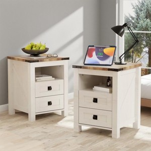 Nightstand Set of 2, Farmhouse End Table with Charging Station & 2 Drawers, 18″ Wood Bedside Table for Bedroom/Living Room/Hallway - 1 of 4