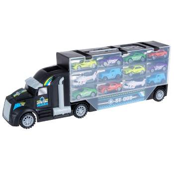 Toy Time Semi-Truck Car Carrier - Holds 24 Vehicles- Includes 10 Cars, 2 Helicopters, Storage Case with Carry Handle