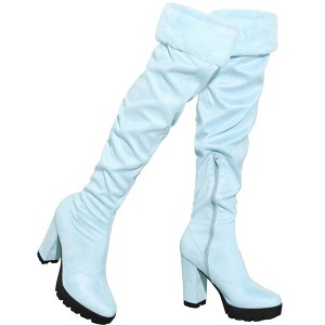 BLISSFUL STEP Women's Chunky Heel Platform Faux Fur Zipper Over Knee High Boots - 1 of 4
