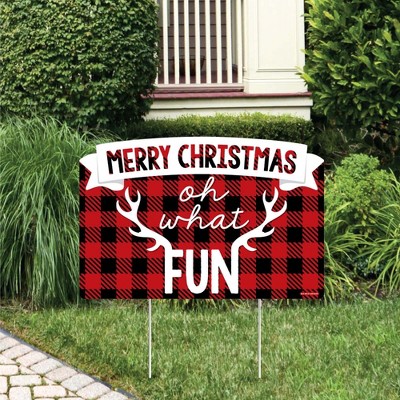 Big Dot of Happiness Prancing Plaid - Reindeer Holiday and Christmas Party Yard Sign Lawn Decorations - Merry Christmas Party Yardy Sign