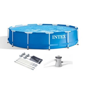 Intex 28211EH 12-foot x 30-inch Metal Frame Round 6 Person Outdoor Above Ground Swimming Pool with Filter Pump, Filter Cartridge, & Protective Canopy - 1 of 4