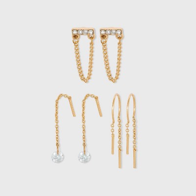 Multi Mixed Chain and Stone Earring Set 3pc - Wild Fable™ Gold