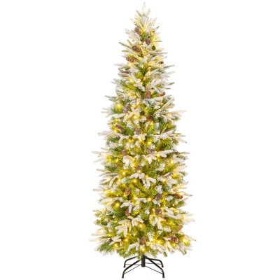 Tangkula 6/7.5/9 FT Pre-Lit Artificial Christmas Tree Snow Flocked Hinged Xmas Tree