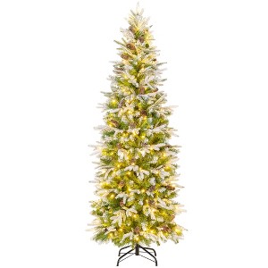 Tangkula 6/7.5/9 FT Pre-Lit Artificial Christmas Tree Snow Flocked Hinged Xmas Tree - 1 of 4