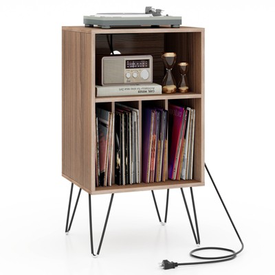 Tangkula Home Record Player Stand w/ Storage 3-Tier Vinyl Record Storage Cabinet Turntable Stand w/ Charging Station Open Shelf & 4 Dividers Rustic Brown/Black/Walnut