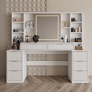 Kumasinova 59" Makeup Vanity Desk with Lights&Mirror,8-Drawer White Vanity Table with Adjustable Lighting,Large Dressing Table for Bedroom - 1 of 4