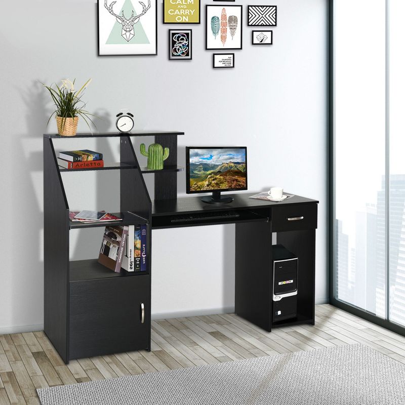 HOMCOM Computer Desk with Sliding Keyboard & Storage Shelves, Cabinet and Drawer, Home Office Gaming Table Workstation, Black Wood Grain, 3 of 8