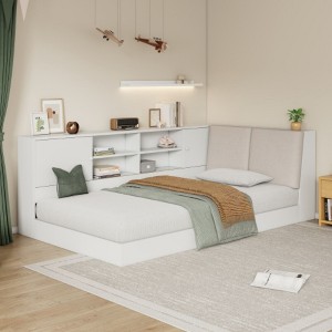 Twin Size L-Shaped Daybed with Storage, Upholstered Headboard & USB Ports for Small Spaces - 1 of 3