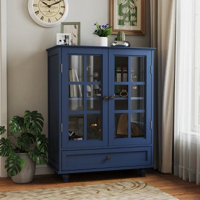 Modern Buffet Cabinet with Glass Doors & Adjustable Shelf,Small Wooden Sideboard with Drawer for Entryway or Living Room-Baofuwish