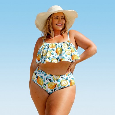 Women's Lemon Print Plus Size Bikini Set Ruffle High Waist Bathing