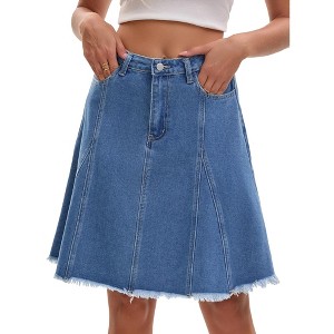 INSPIRE CHIC Women's Denim High Waist Flared Raw Hem with Pockets Casual A Line Jean Skirts - 1 of 4