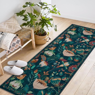 Area Rug Washable Bohemian Bird Floral Bedroom Low-Pile Soft Playroom Carpet, Jungle Pattern Vintage Indoor Floor Rug for Living Room and Nursery