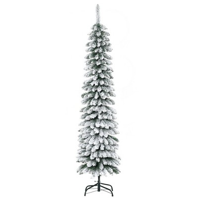 HOMCOM 6' Tall Unlit Snow Flocked Artificial Christmas Tree, Slim Pencil Xmas Tree with Realistic Branches and 395 Tips, Green