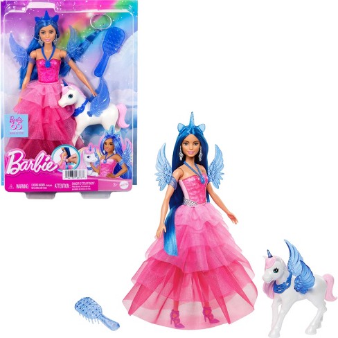 Barbie Unicorn Toy, 65th Anniversary Doll With Blue Hair, Pink