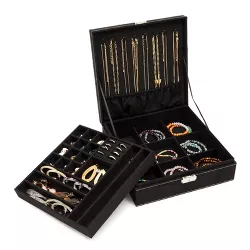 Juvale Black Jewelry Box with Lock and Key, 2 Layer Travel Display Case and Storage Organizer with Removable Tray for Men and Women, 10.5x10.5x3.5 in