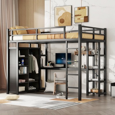 UPHA Metal Full Size Loft Bed with Desk, Shelves, Wardrobe, Black