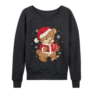 Women's - Instant Message - Santa Teddy Bear Christmas Lightweight French Terry Wide Neck Long Sleeve Graphic Shirt - 1 of 4