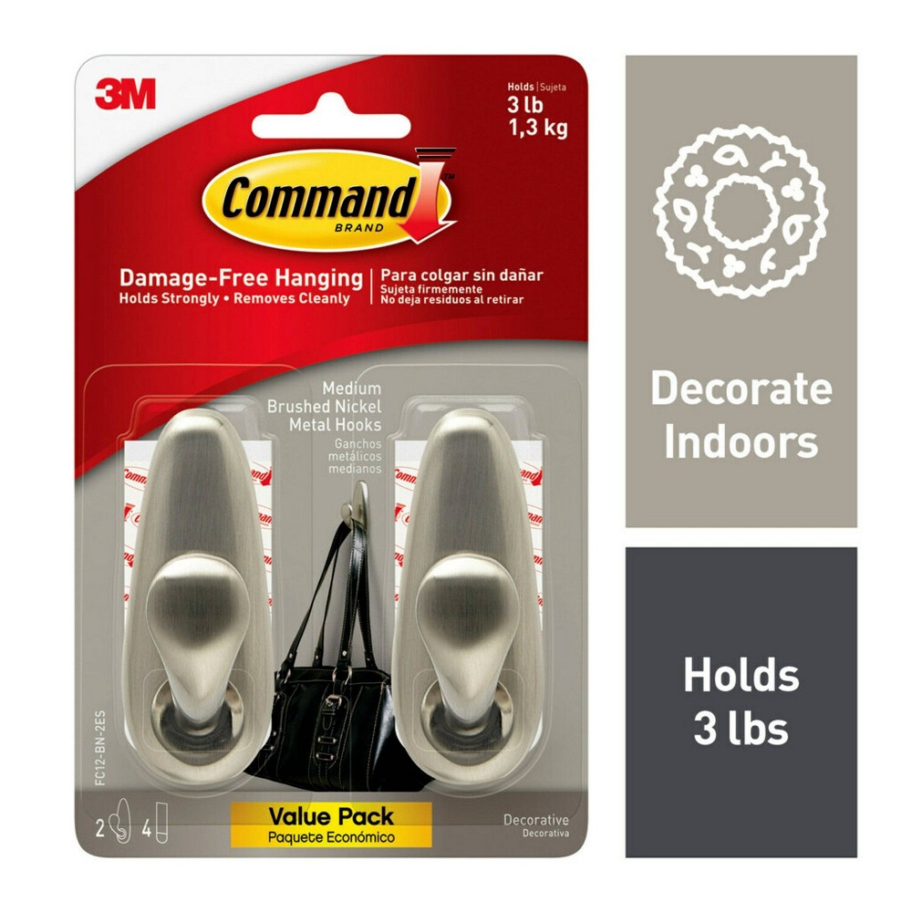 Command 2pk Medium Sized Forever Classic Decorative Hooks Brushed Nickel