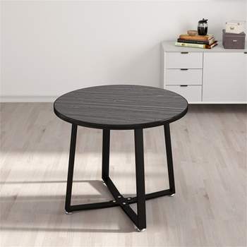 INO Design Mid-Century Modern 35'' Inch Round Wooden Dining Table, with Wooden Pattern and Sleek Metal Legs, for Small Apartments, Homes, Restaurants