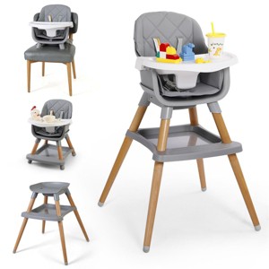 Kinder King 7 in 1 Baby High Chair Convert to Wooden Feeding Chair Removable Tray 5-Point Harness Gray - 1 of 4