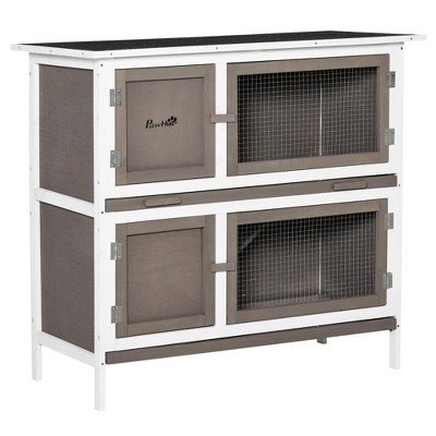PawHut Wooden Bunny Hutch Rabbit Hutch Small Animals Habitat with Ramp, Removable Tray and Weatherproof Roof, Indoor/Outdoor