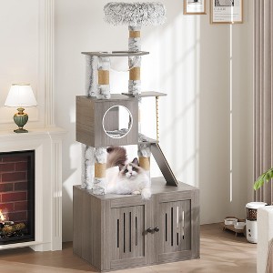 Hidden Litter Box Cat Tree Enclosure with Sisal Scratching Posts - 1 of 4